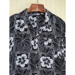 Island Shores Shirt Mens 2XL Black White Hawaiian Aloha Floral Button Front
